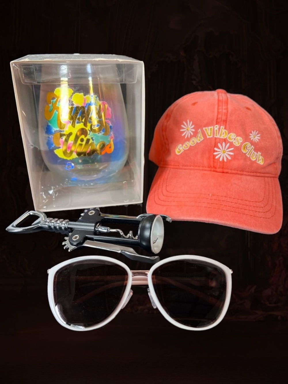 Good Vibes Summer Celebration Lot: Hat, Sun Glasses, Wine Glass & Wine Opener